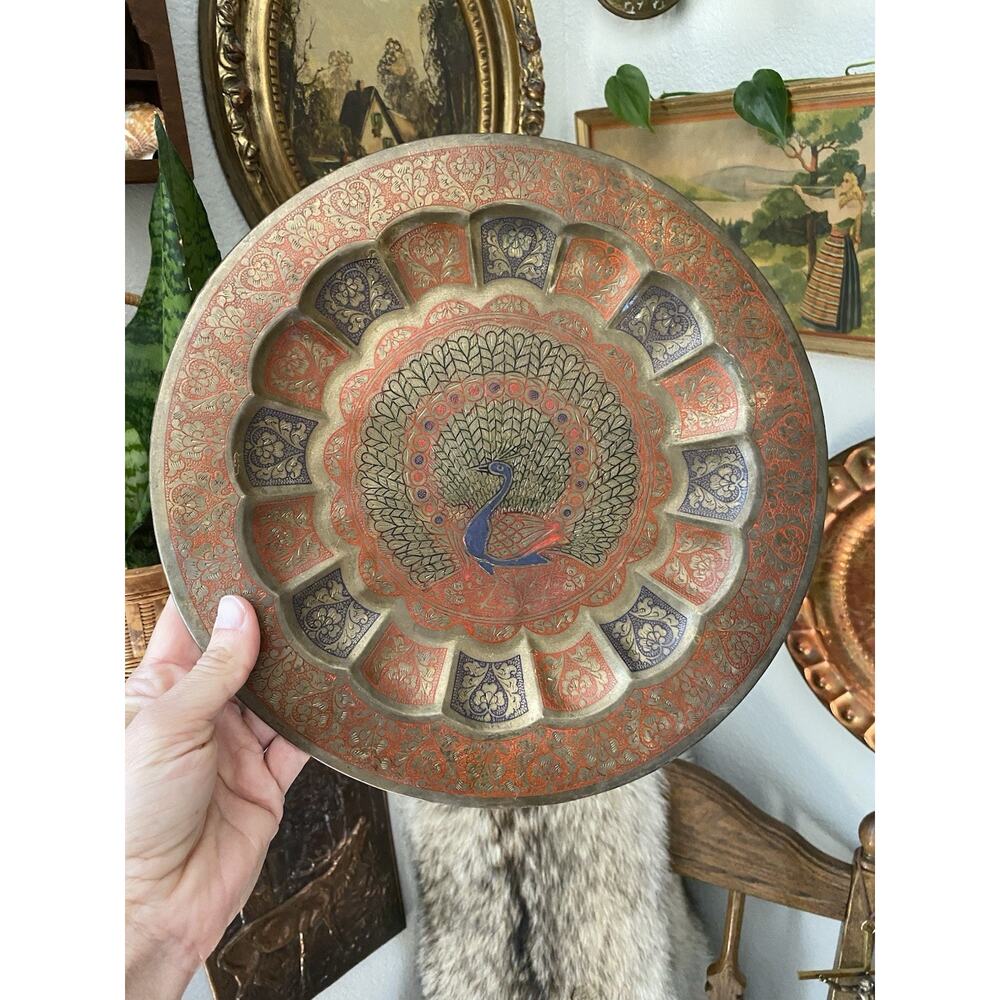 Vintage Brass Peacock Plate Metal Tray Enameled Etched Wall Hanging 11” Diameter